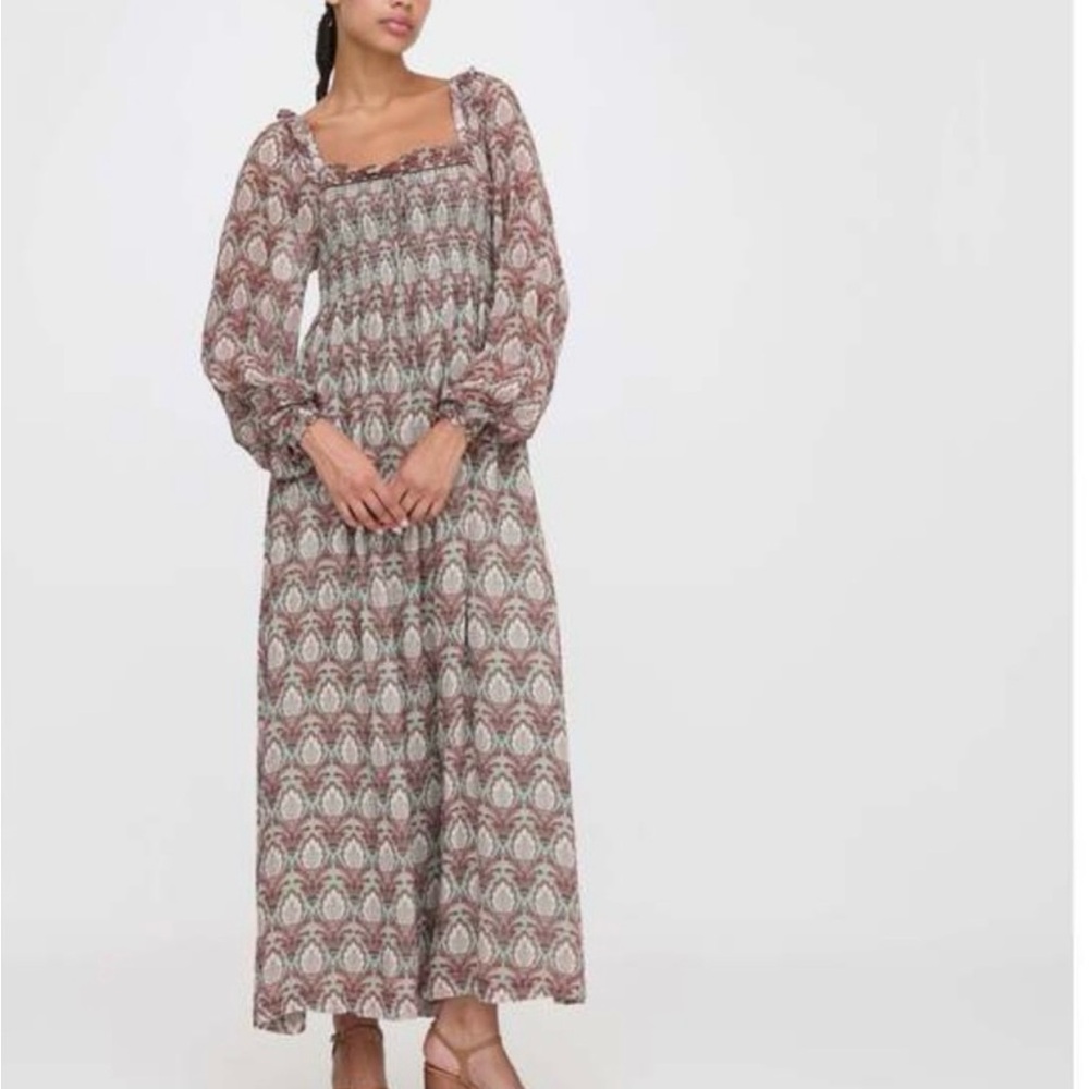Hill House Long-Sleeve Maxi Dress in Mauve and Cream Pattern